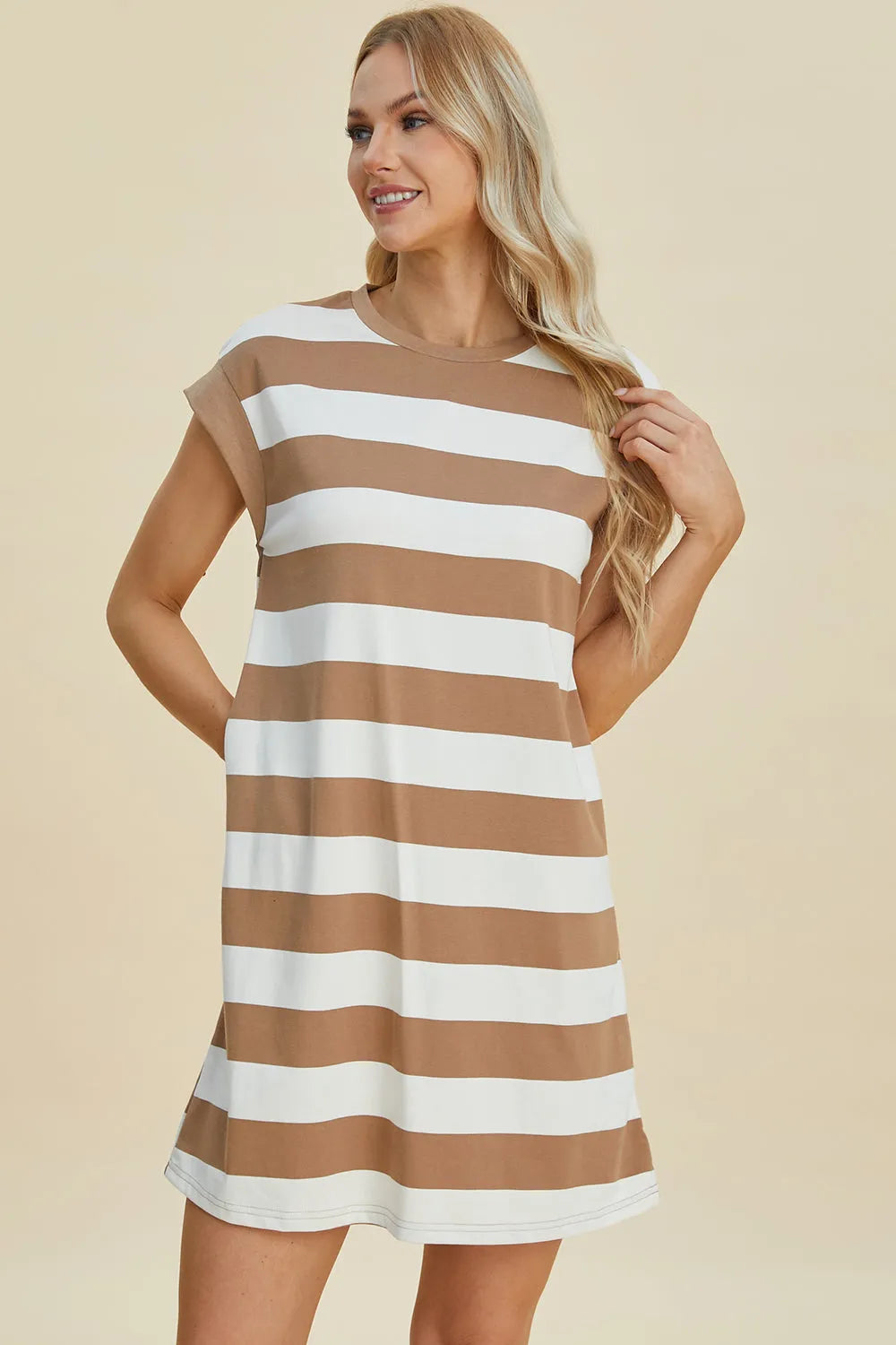 Basic Bae Full Size Striped Round Neck Cap Sleeve Mini Dress - Wellen Fashion