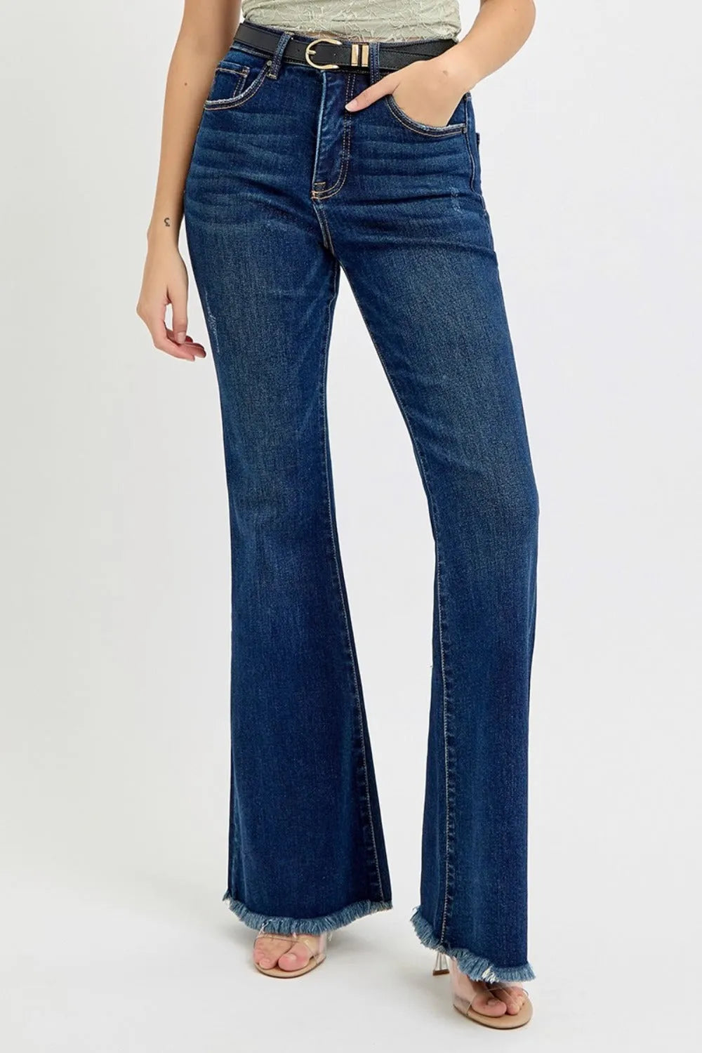 RISEN Tummy Control Frayed Hem Flare Jeans - Wellen Fashion