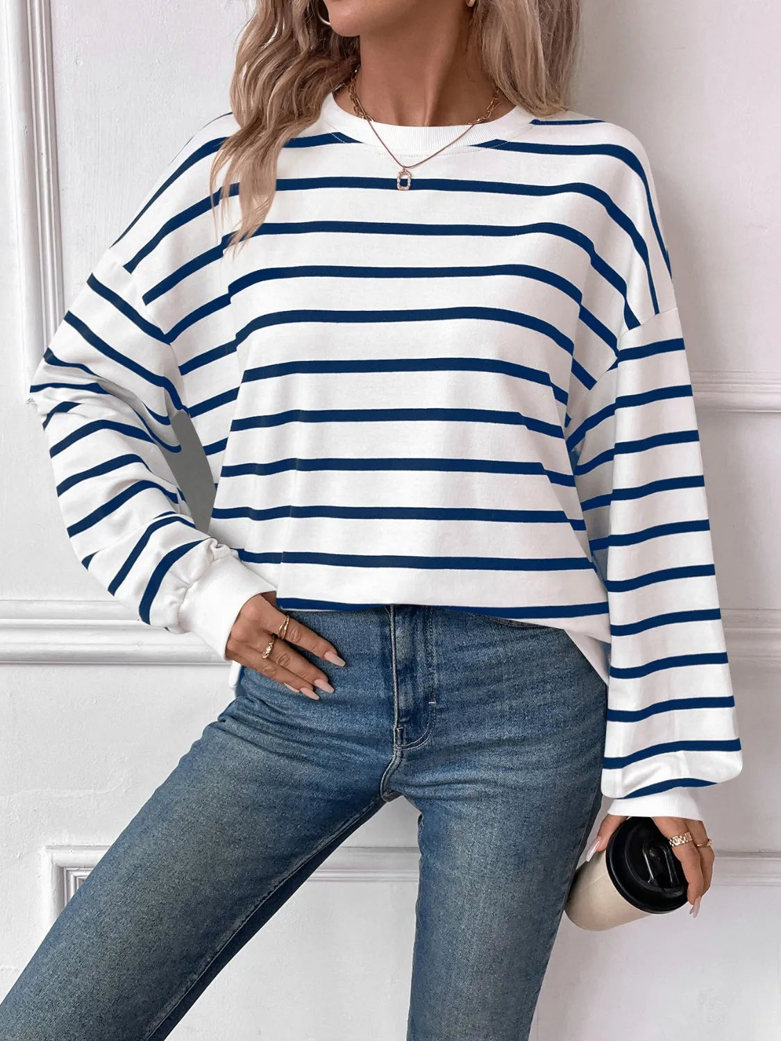 Lovelet Striped Round Neck Long Sleeve Sweatshirt - Wellen Fashion