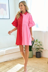 First Love Full Size Color Blocked Button Down Babydoll Dress - Wellen Fashion