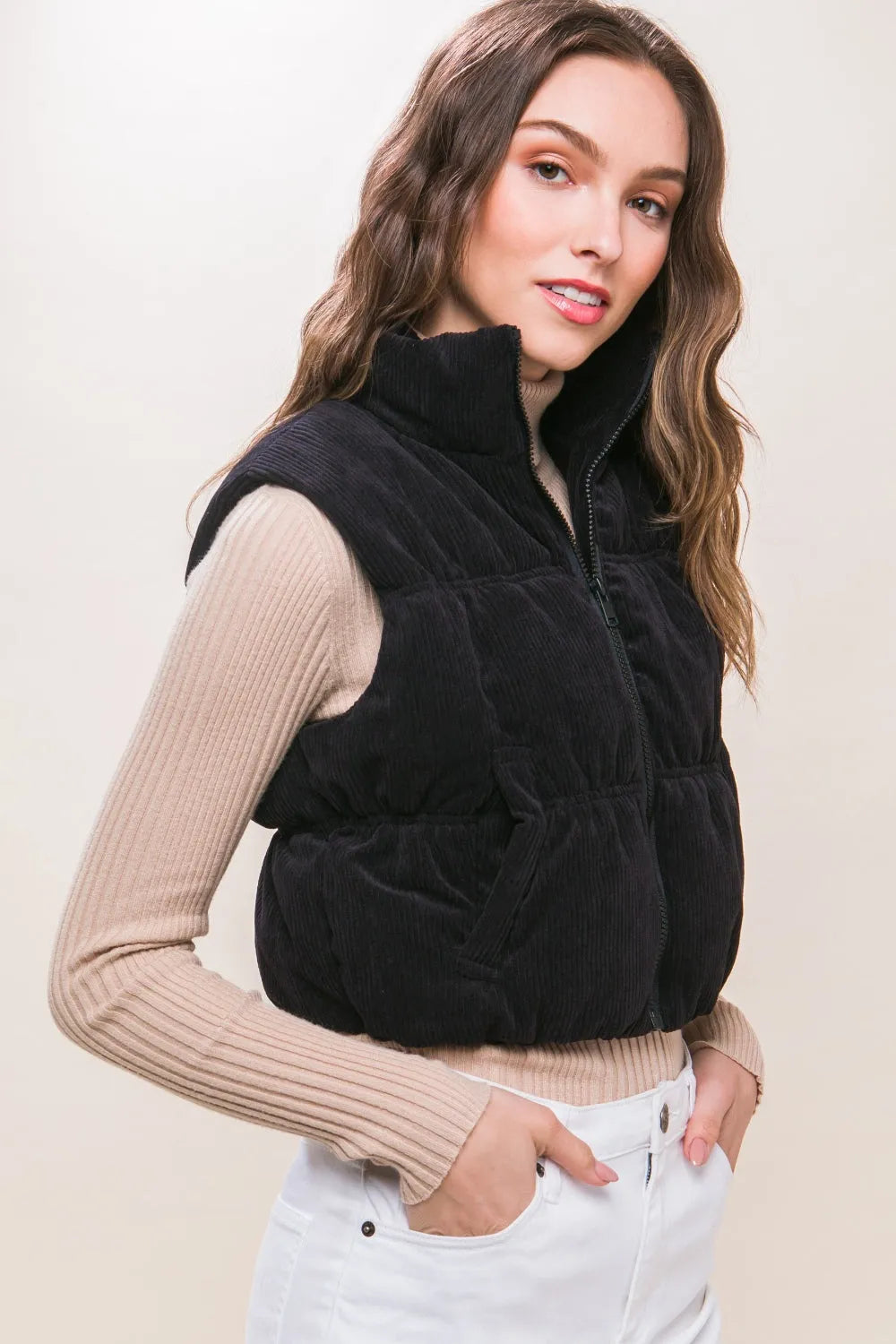 Love Tree Corduroy Zip Up Puffer Vest with Pockets - Wellen Fashion