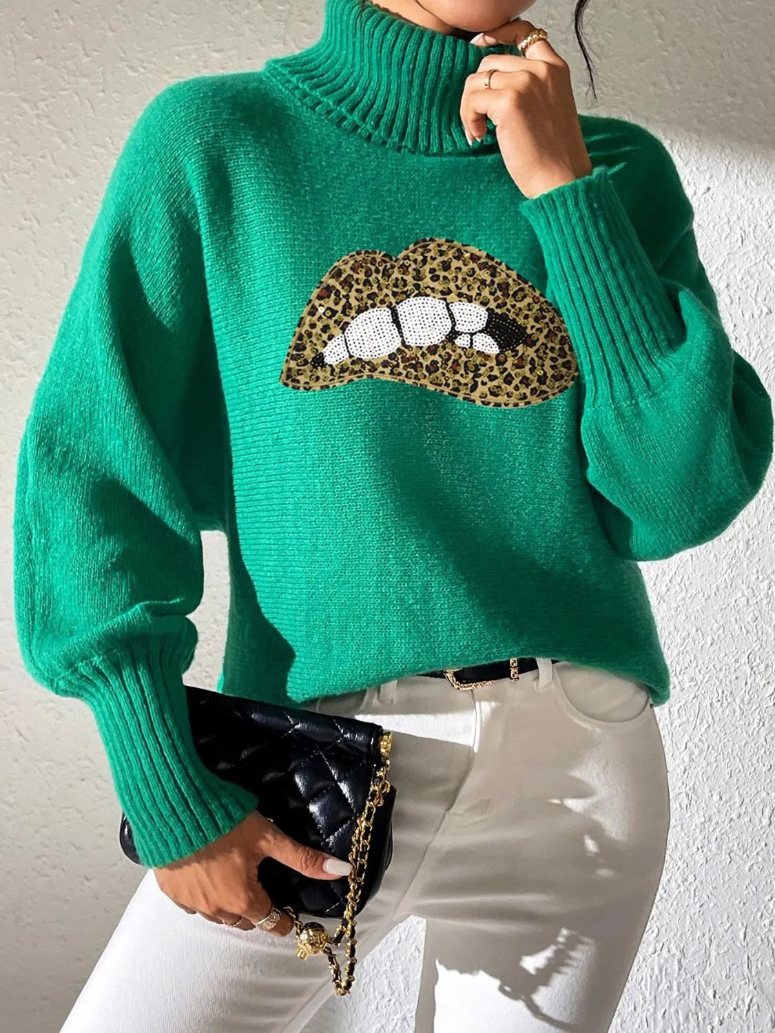 Lip Turtleneck Long Sleeve Sweater - Wellen Fashion