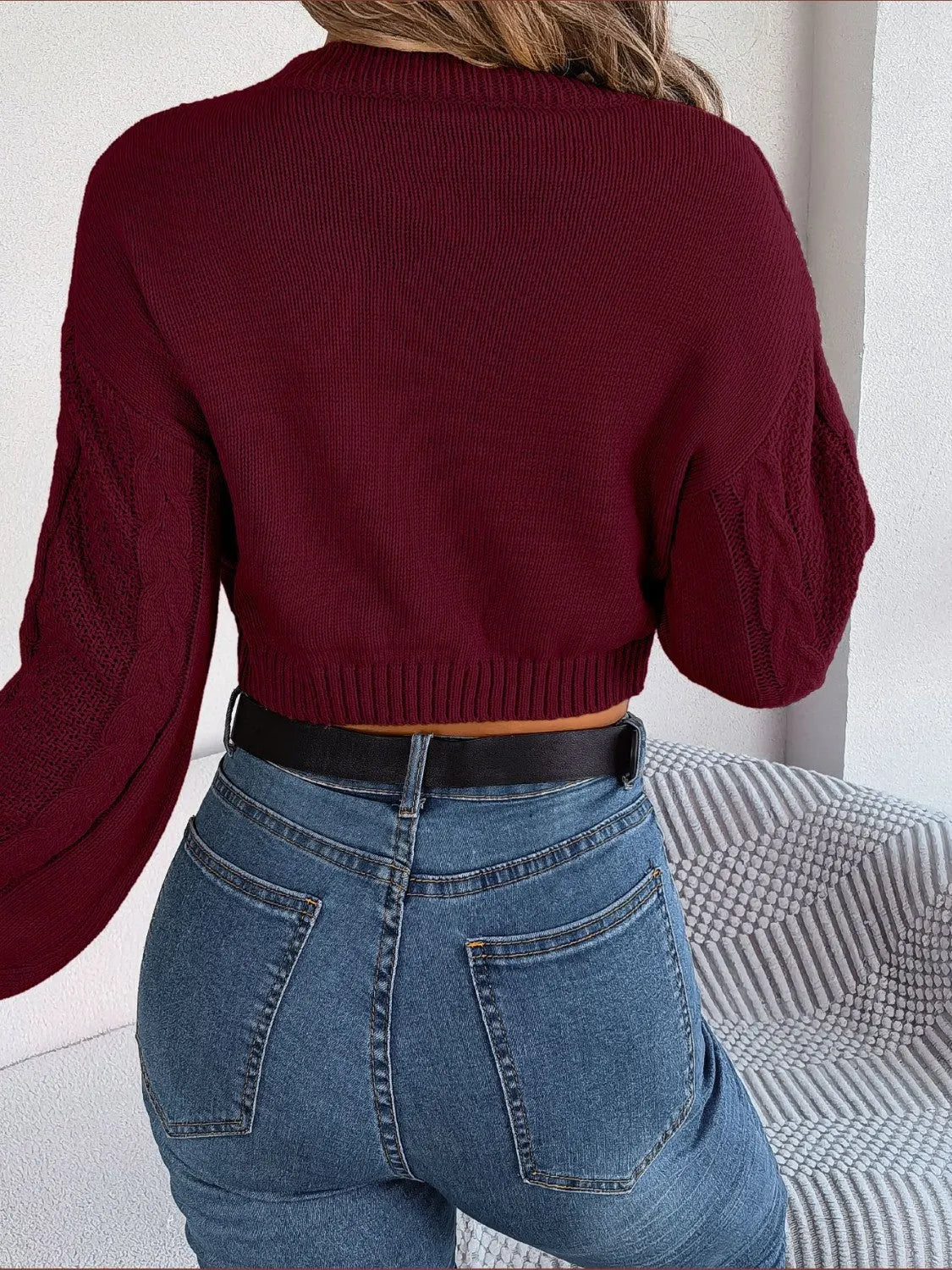 Cable-Knit Round Neck Cropped Sweater - Wellen Fashion