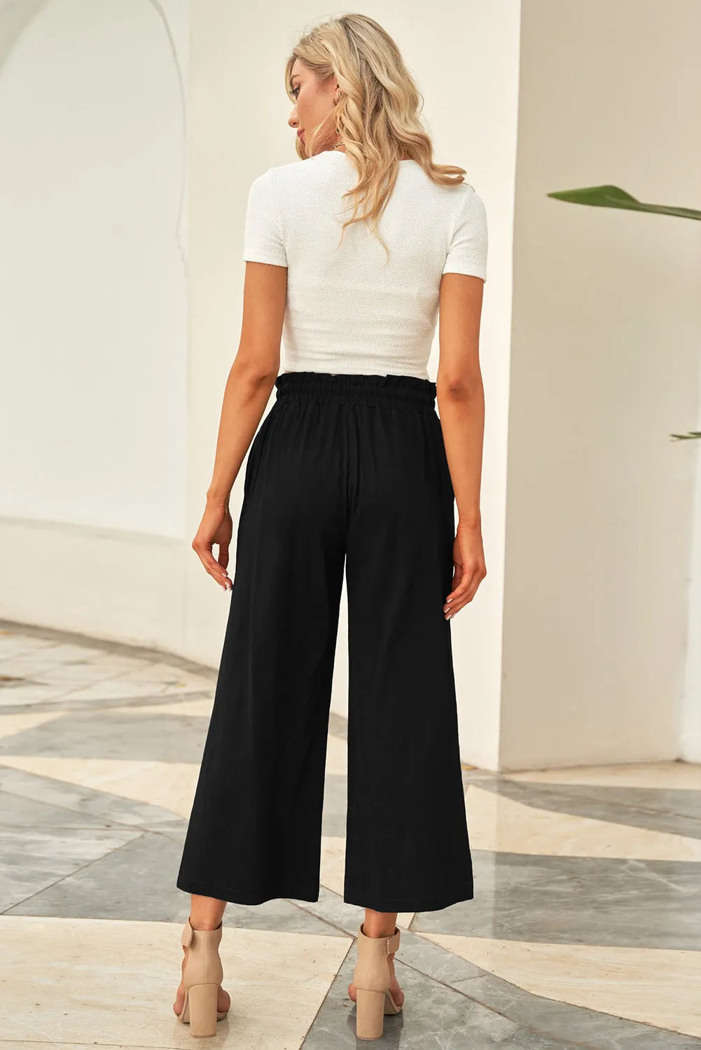 Drawstring Paperbag Waist Wide Leg Pants - Wellen Fashion