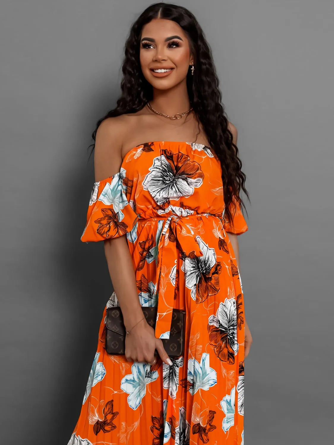 Pleated Floral Off-Shoulder Short Sleeve Midi Dress - Wellen Fashion