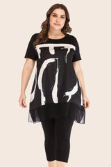 Plus Size Contrast Spliced Mesh T-Shirt and Cropped Leggings Set - Wellen Fashion