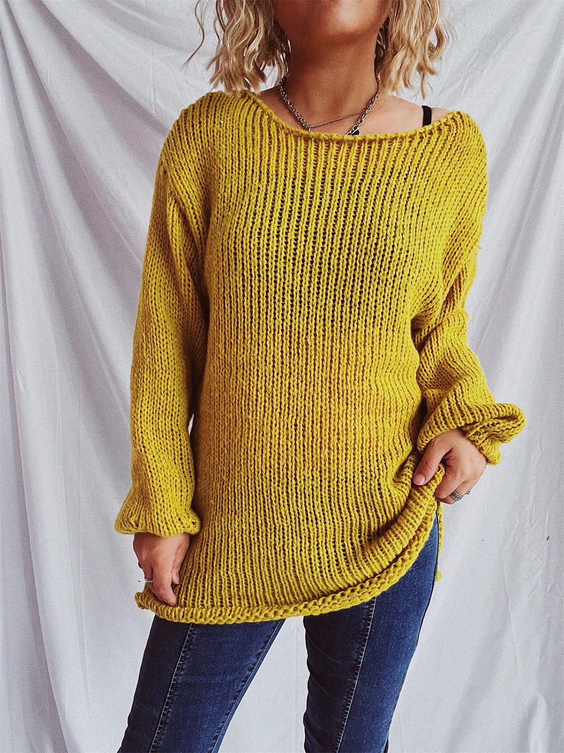 Boat Neck Dropped Shoulder Sweater - Wellen Fashion