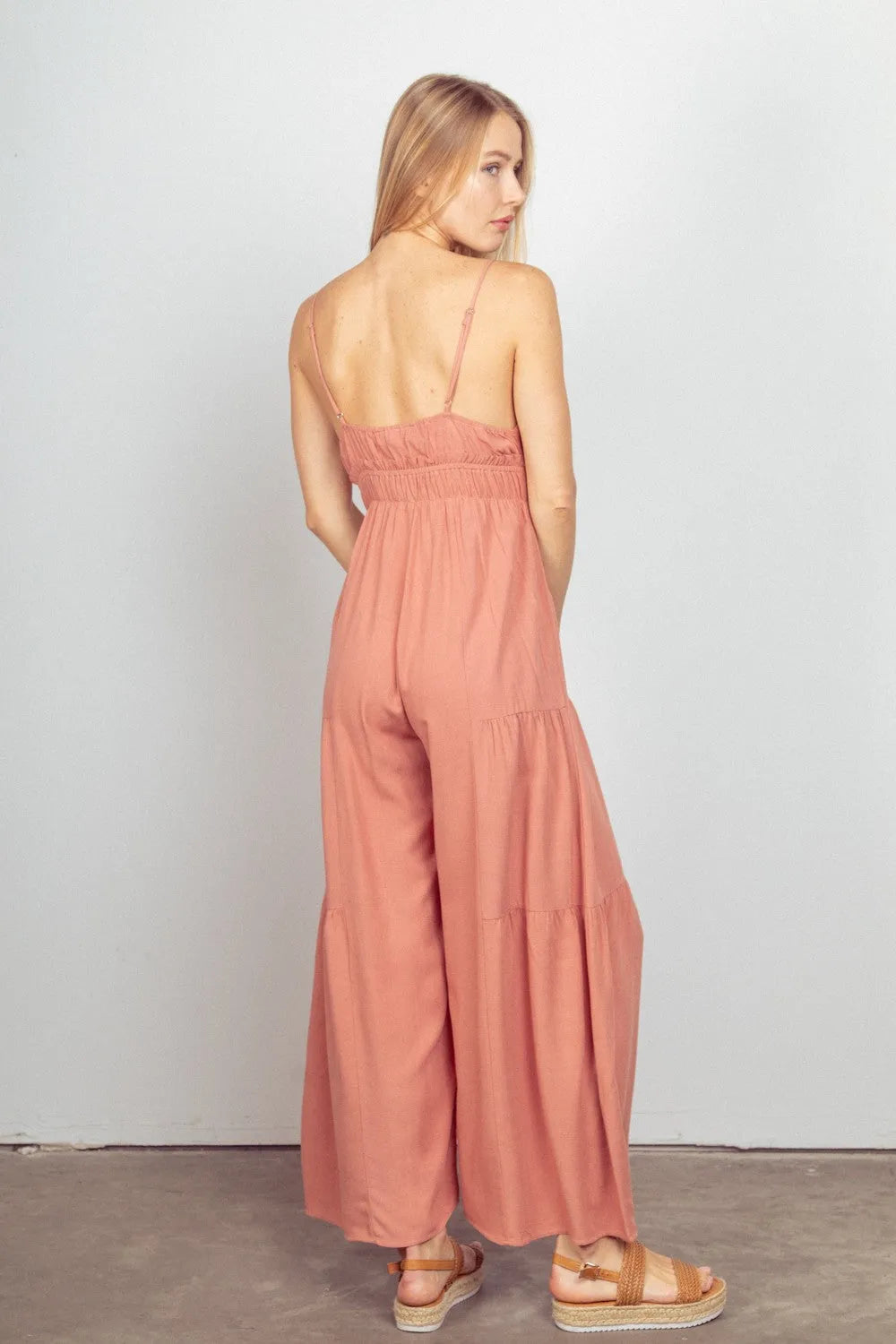 VERY J Sleeveless Ruched Wide Leg Jumpsuit - Wellen Fashion