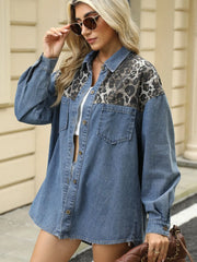 Leopard Button Up Long Sleeve Denim Jacket - Wellen Fashion