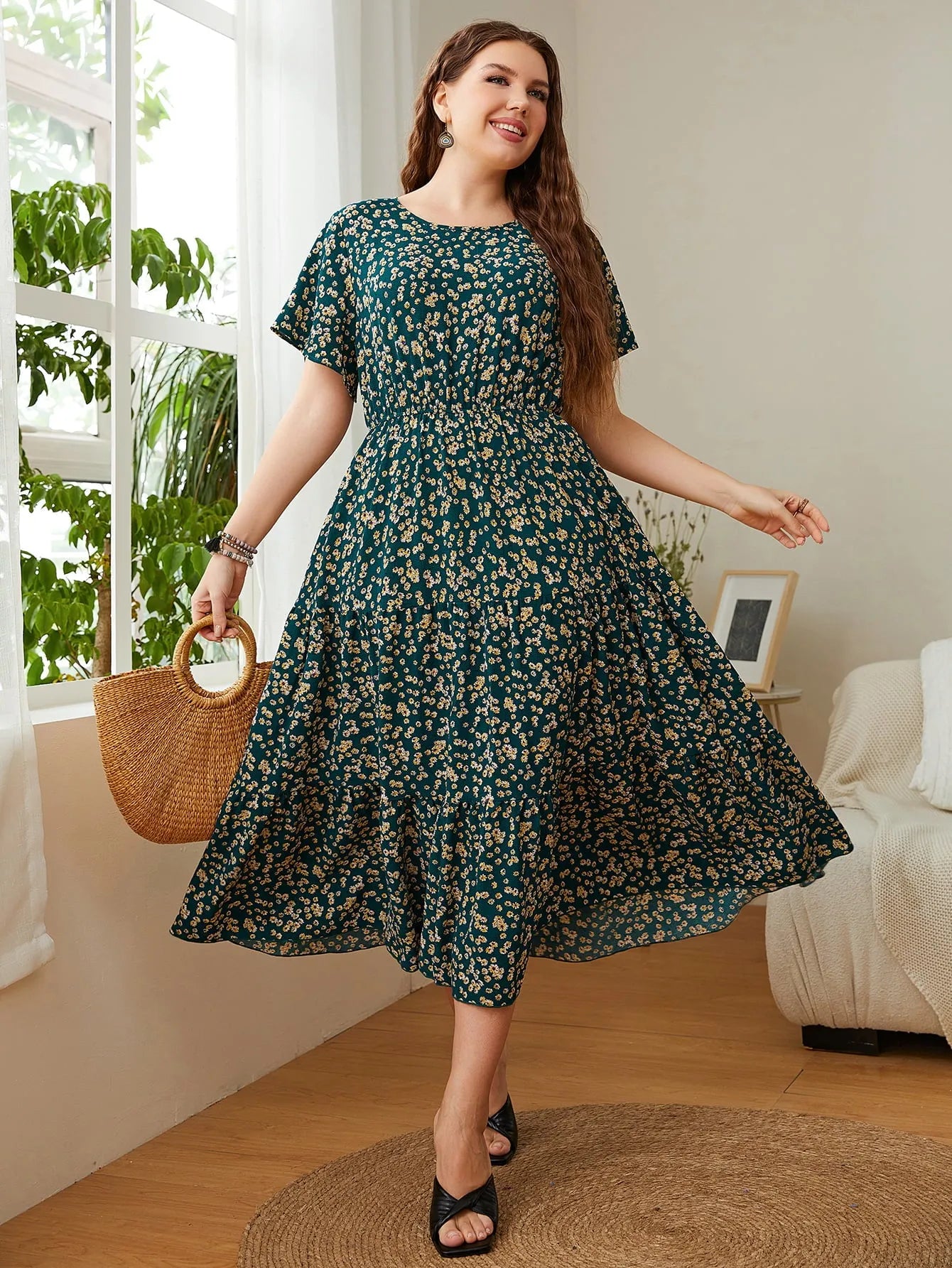 Honey Plus Size Floral Round Neck Short Sleeve Midi Dress - Wellen Fashion