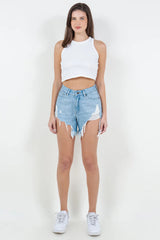 American Bazi High Waist Fringed Hem Denim Shorts - Wellen Fashion