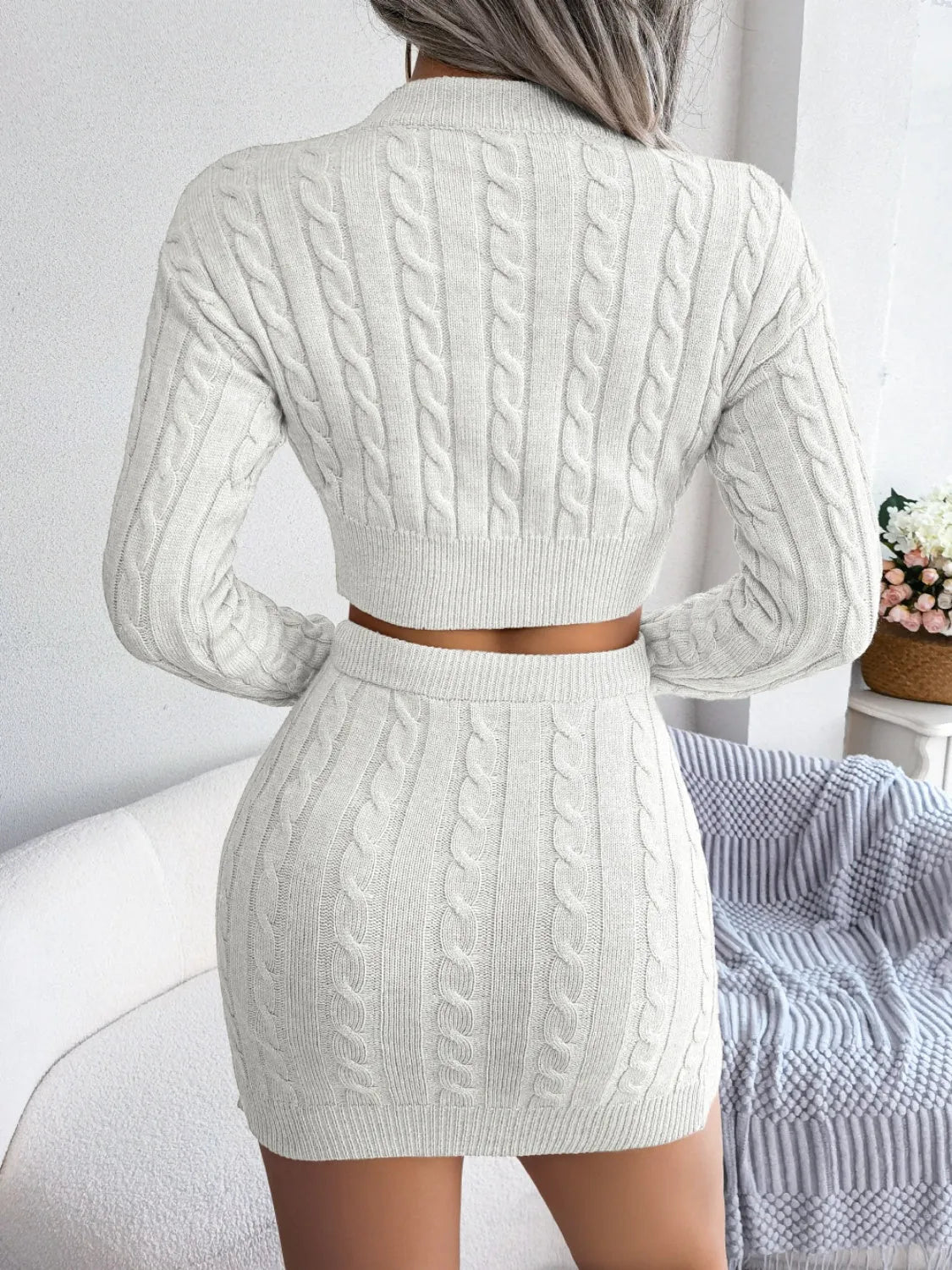 Cable-Knit Round Neck Top and Skirt Sweater Set - Wellen Fashion