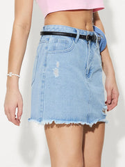 Distressed Raw Hem Mini Denim Skirt - Wellen Fashion