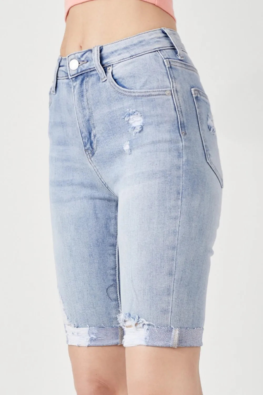 RISEN High Rise Distressed Denim Bermuda Shorts - Wellen Fashion