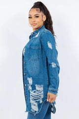 American Bazi Distressed Button Up Long Sleeve Denim Jacket - Wellen Fashion