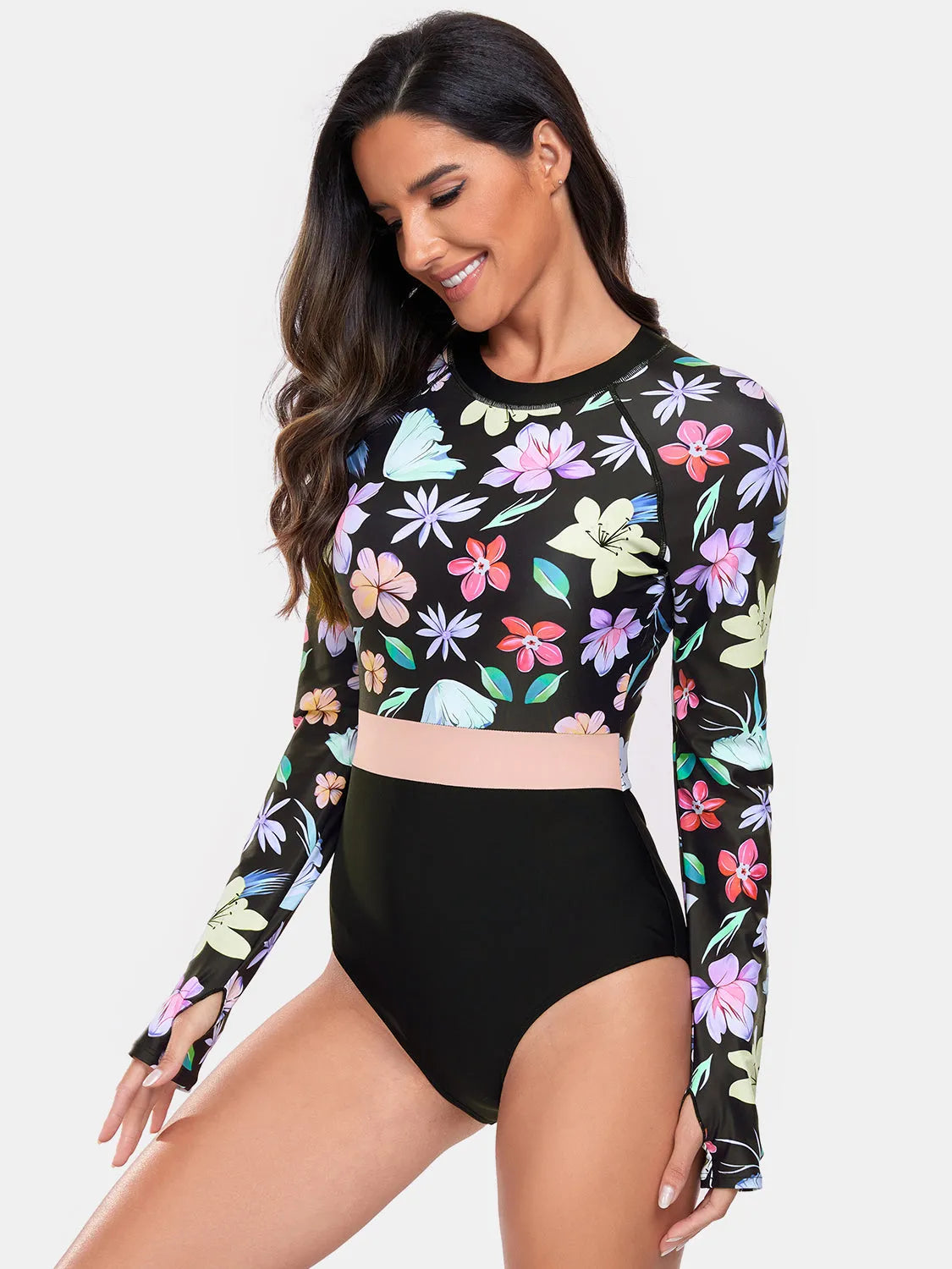 Flower Round Neck Long Sleeve One-Piece Swimwear - Wellen Fashion