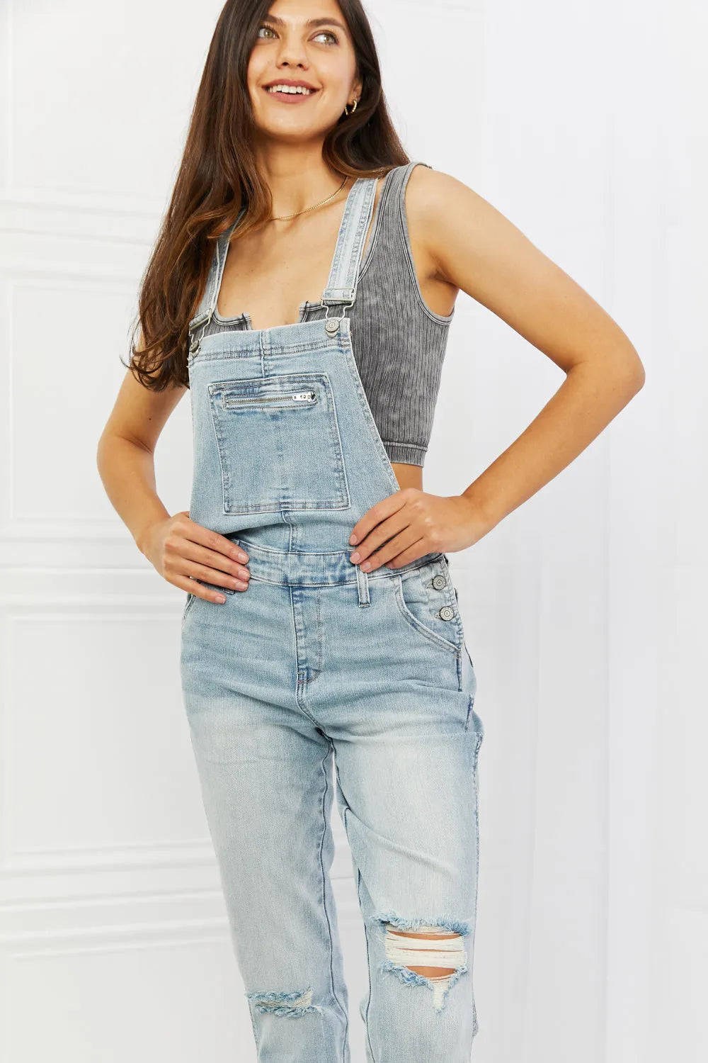 Judy Blue Melina Full Size Distressed Straight Leg Overalls - Wellen Fashion