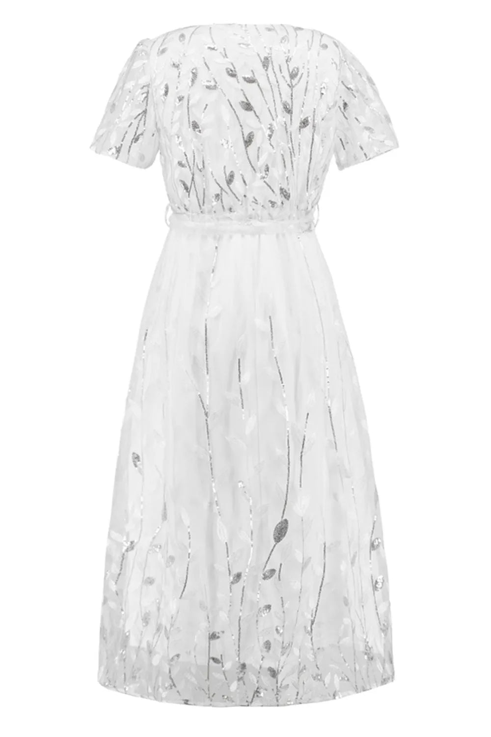 Sequin Leaf Embroidery Tie Front Short Sleeve Dress - Wellen Fashion