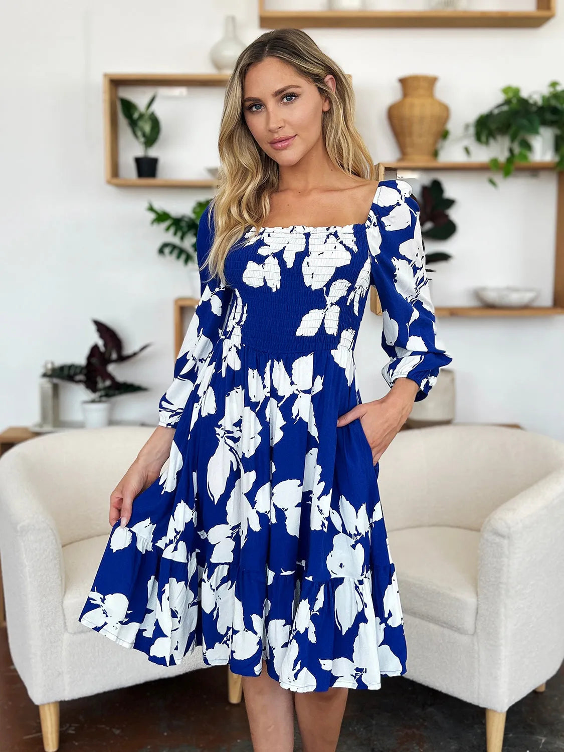 Double Take Full Size Floral Ruffle Hem Smocked Dress with Pockets - Wellen Fashion