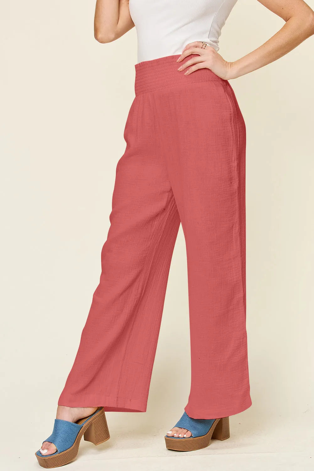 Double Take Full Size Texture Smocked Waist Wide Leg Pants - Wellen Fashion