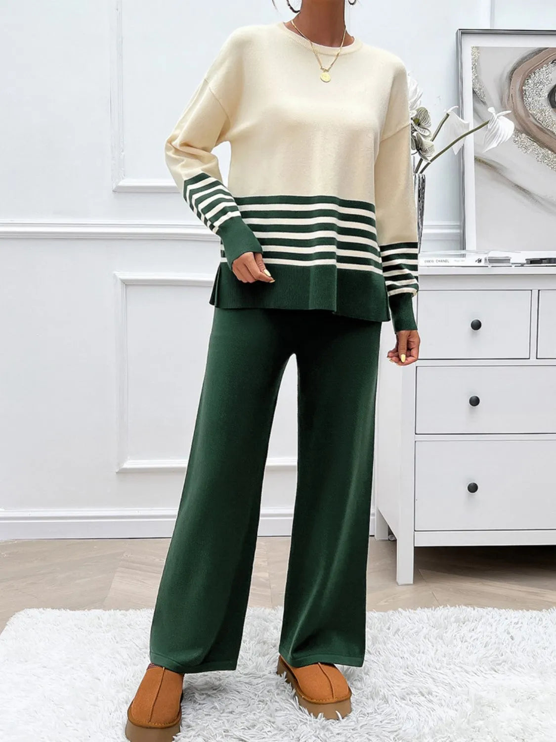 Devine Slit Striped Round Neck Top and Pants Sweater Set - Wellen Fashion