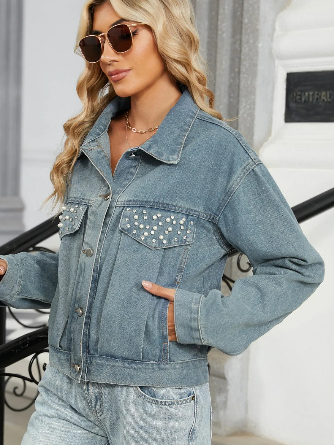 Rhinestone & Peal Trim Button Down Long Sleeve Denim Jacket - Wellen Fashion