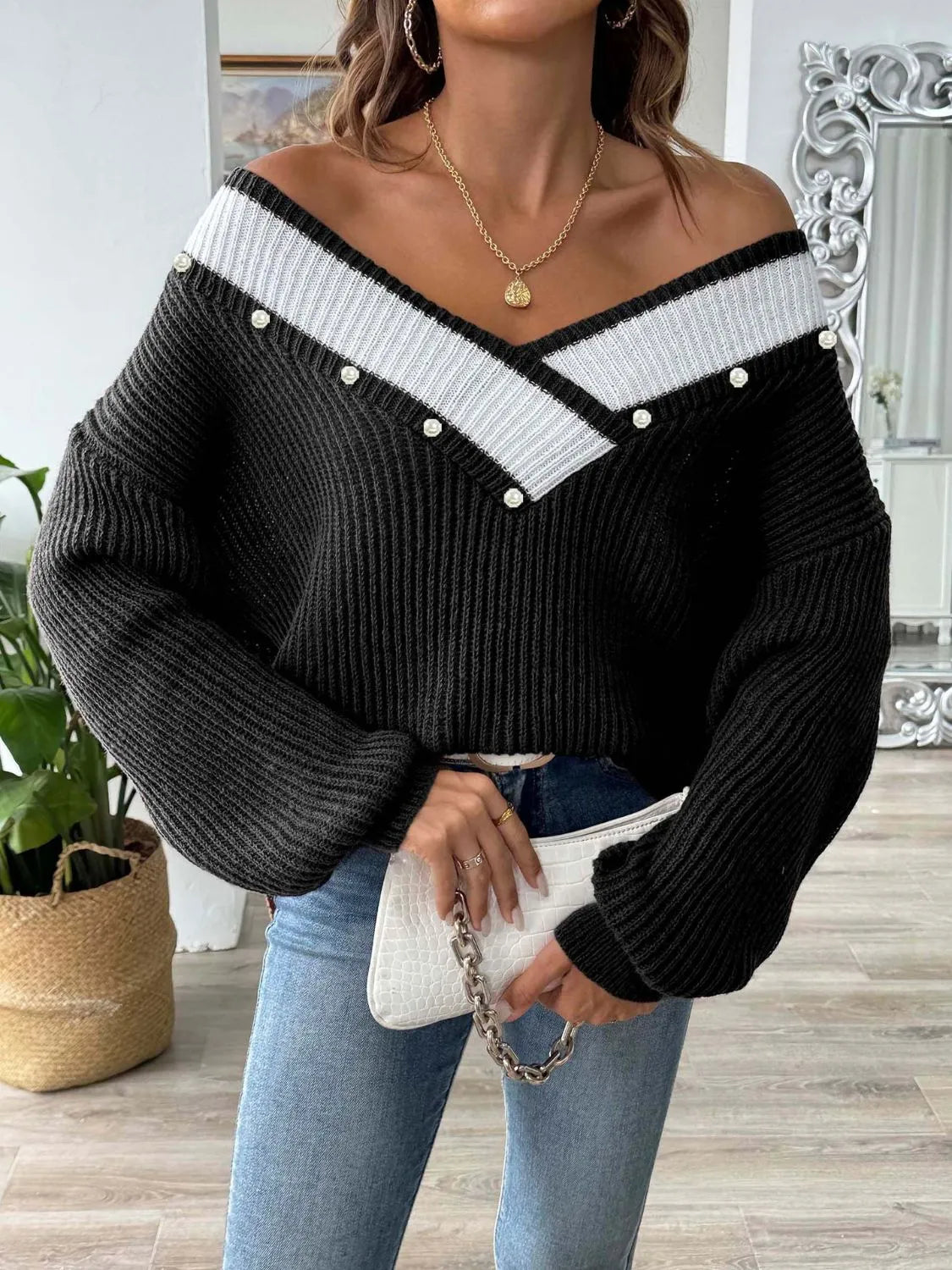 Contrast Trim Dropped Shoulder Long Sleeve Sweater - Wellen Fashion