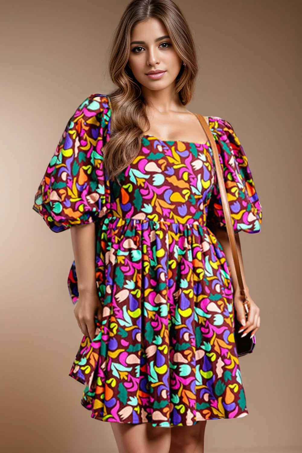 Plus Size Printed Square Neck Half Sleeve Dress - Wellen Fashion