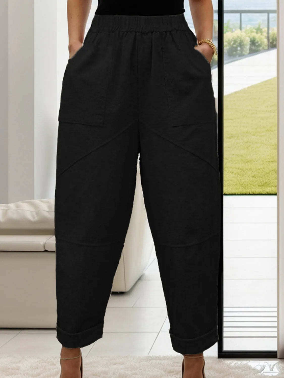 Elastic Waist Pants with Pockets - Wellen Fashion