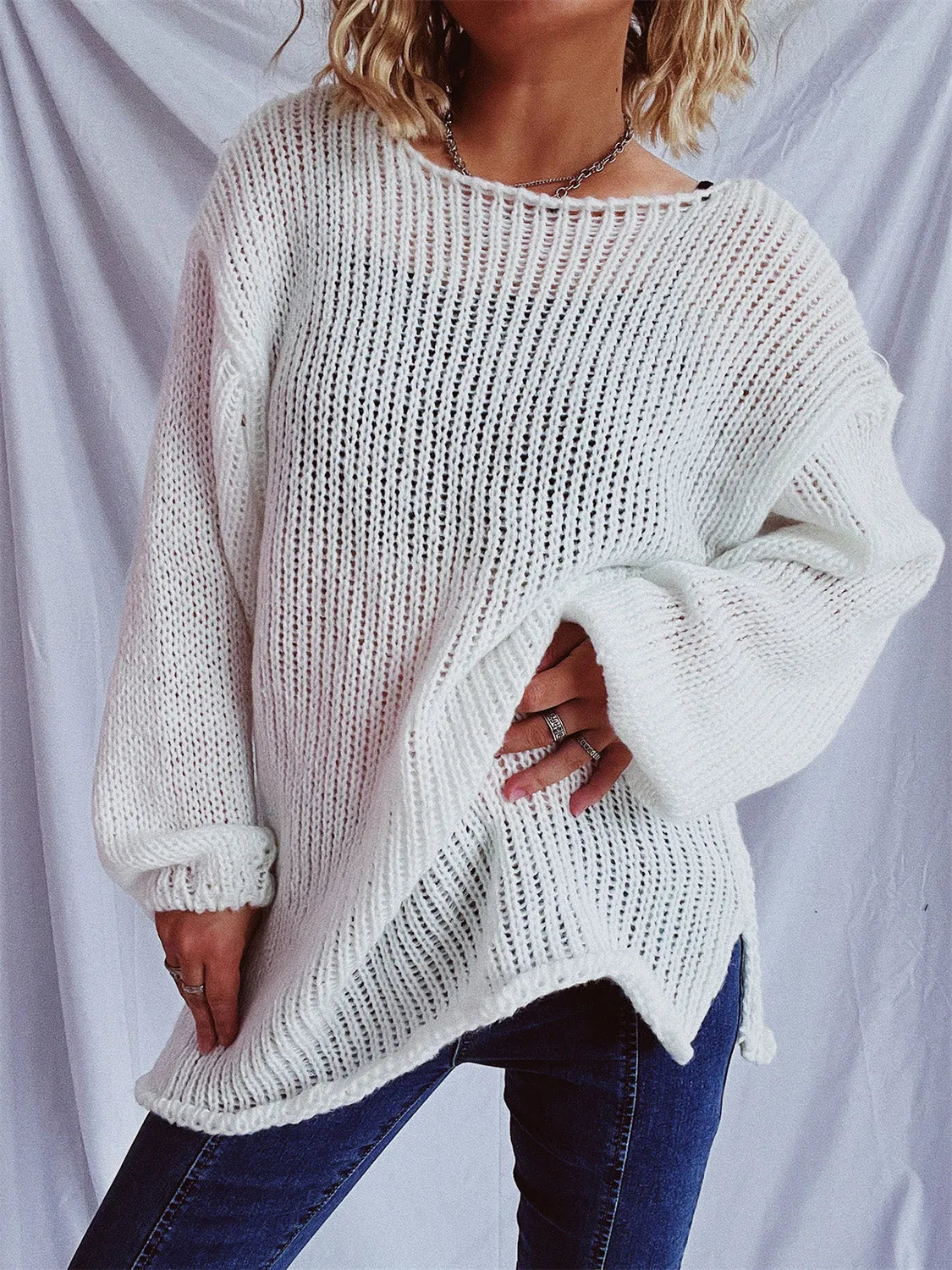 Boat Neck Dropped Shoulder Sweater - Wellen Fashion