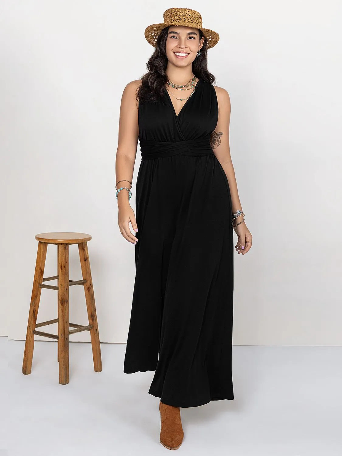 Plus Size V-Neck Wide Leg Jumpsuit - Wellen Fashion