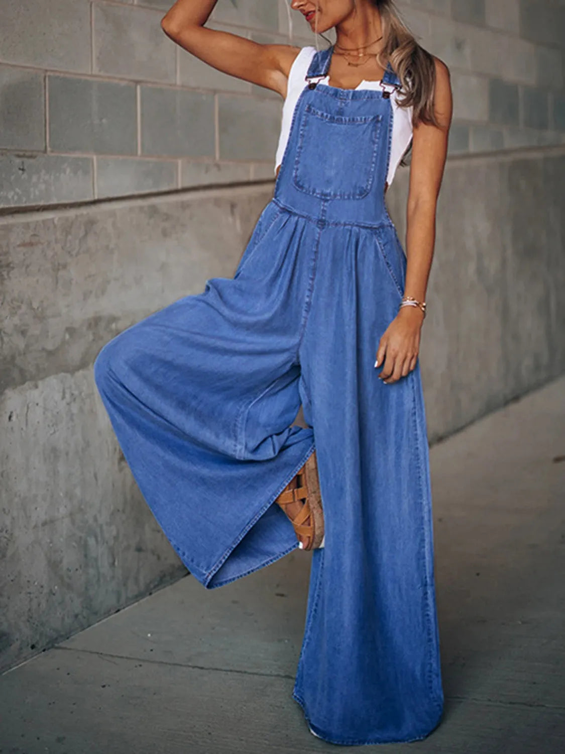 Wide Leg Denim Overalls - Wellen Fashion