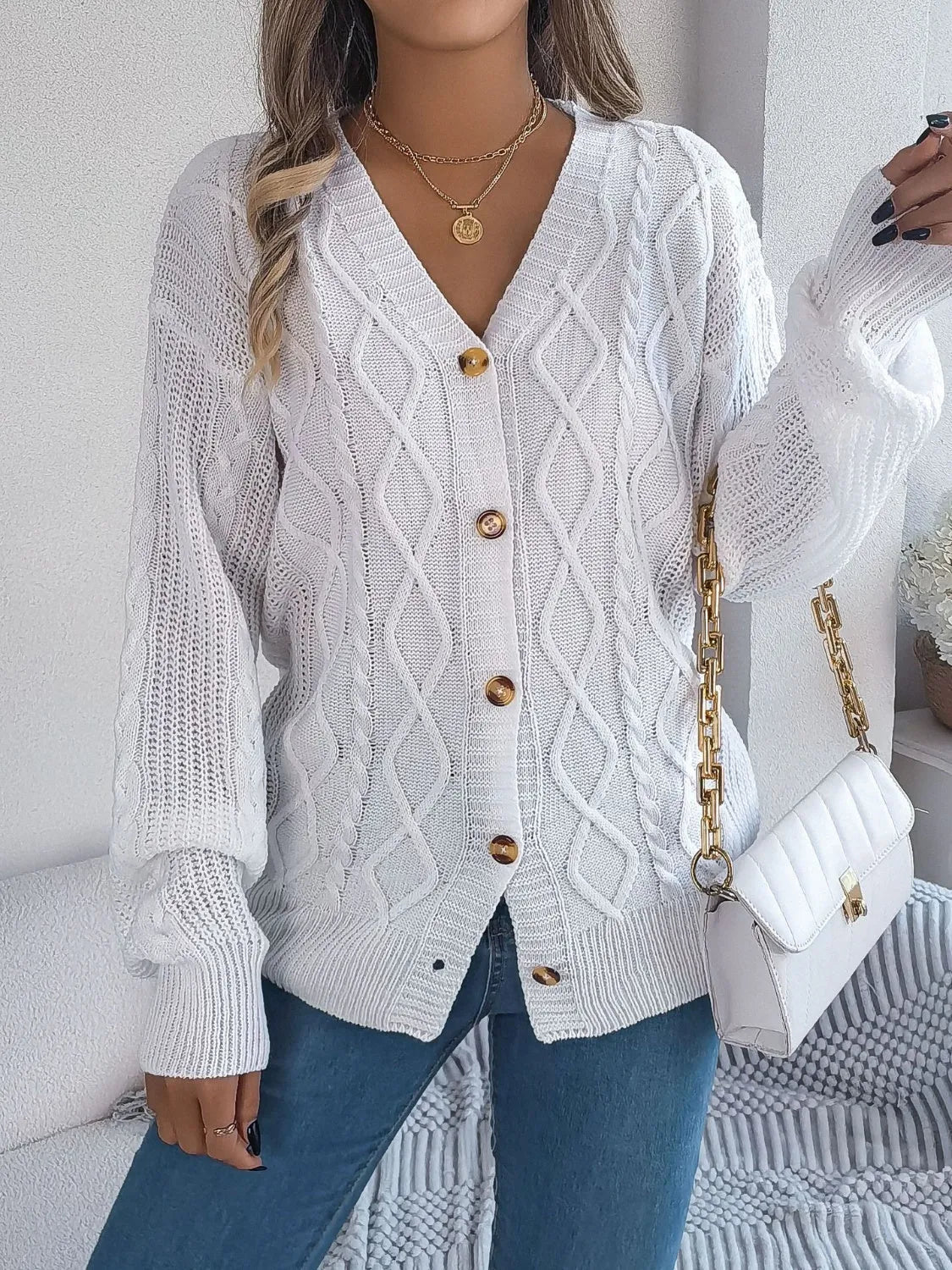 Cable-Knit Long Sleeve Cardigan - Wellen Fashion