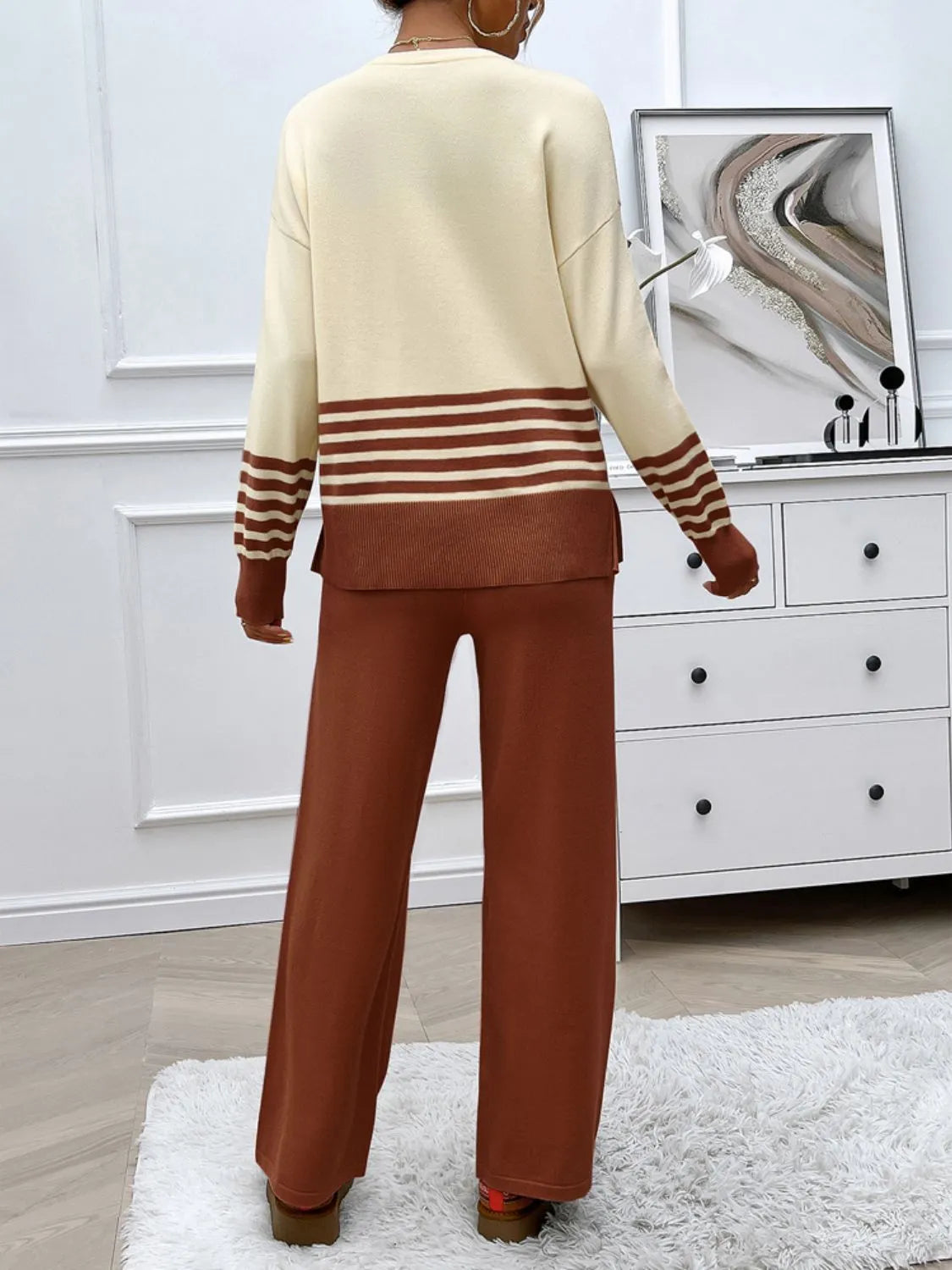 Devine Slit Striped Round Neck Top and Pants Sweater Set - Wellen Fashion