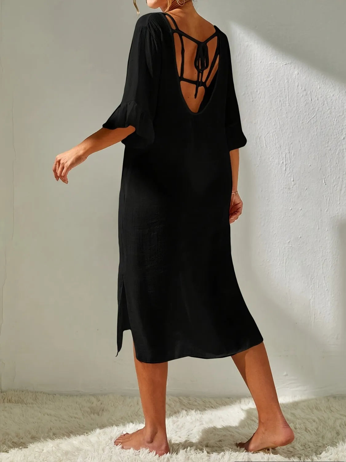 Slit V-Neck Flounce Sleeve Cover-Up - Wellen Fashion