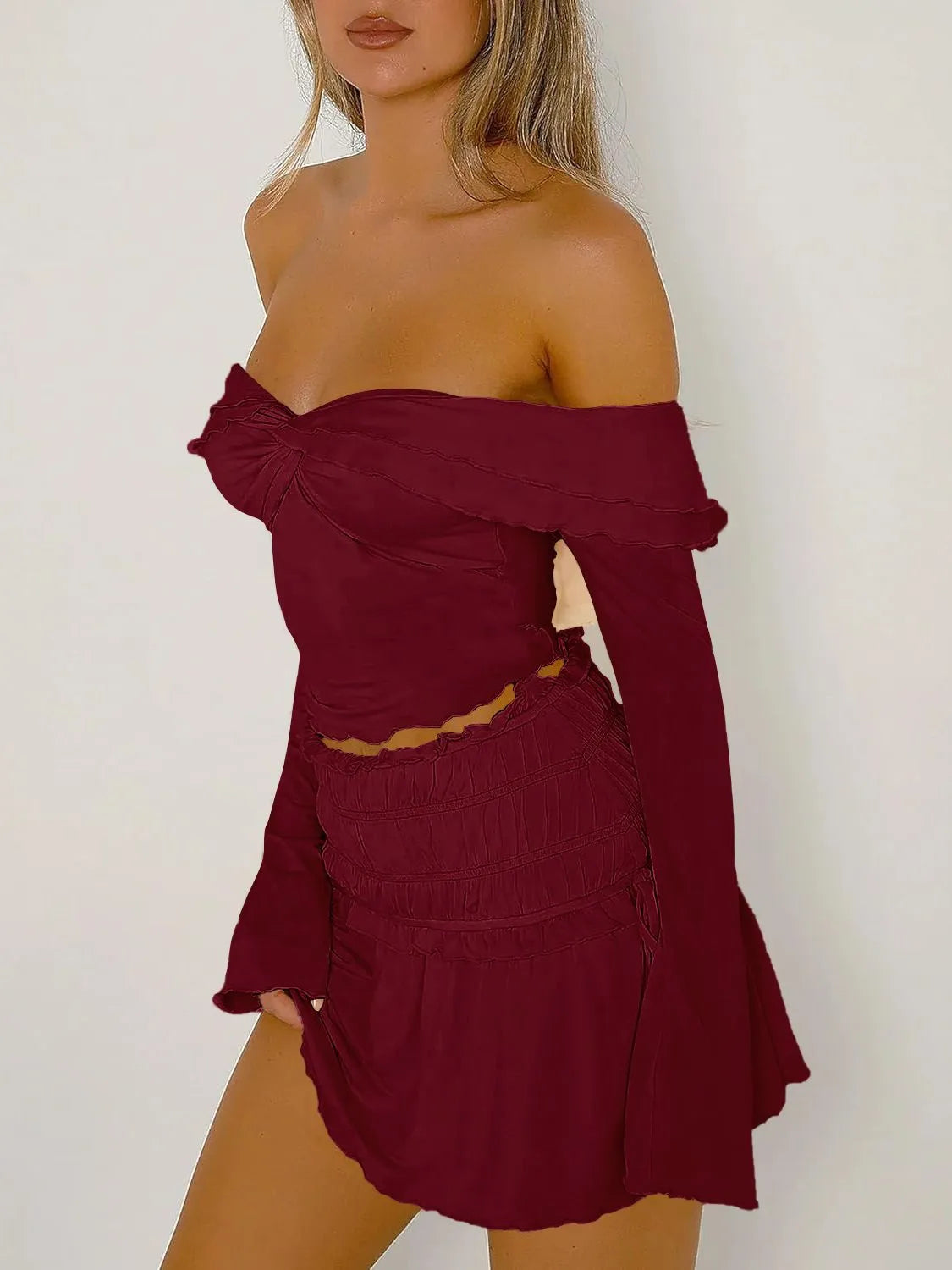 Devine Twisted Ruffled Off-Shoulder Long Sleeve T-Shirt - Wellen Fashion