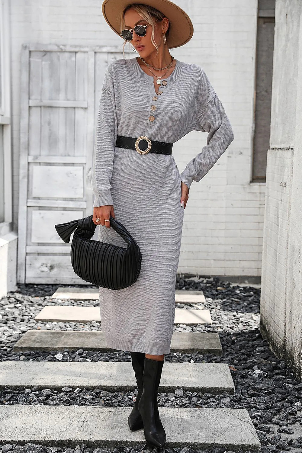 Decorative Button Notched Dropped Shoulder Sweater Dress - Wellen Fashion