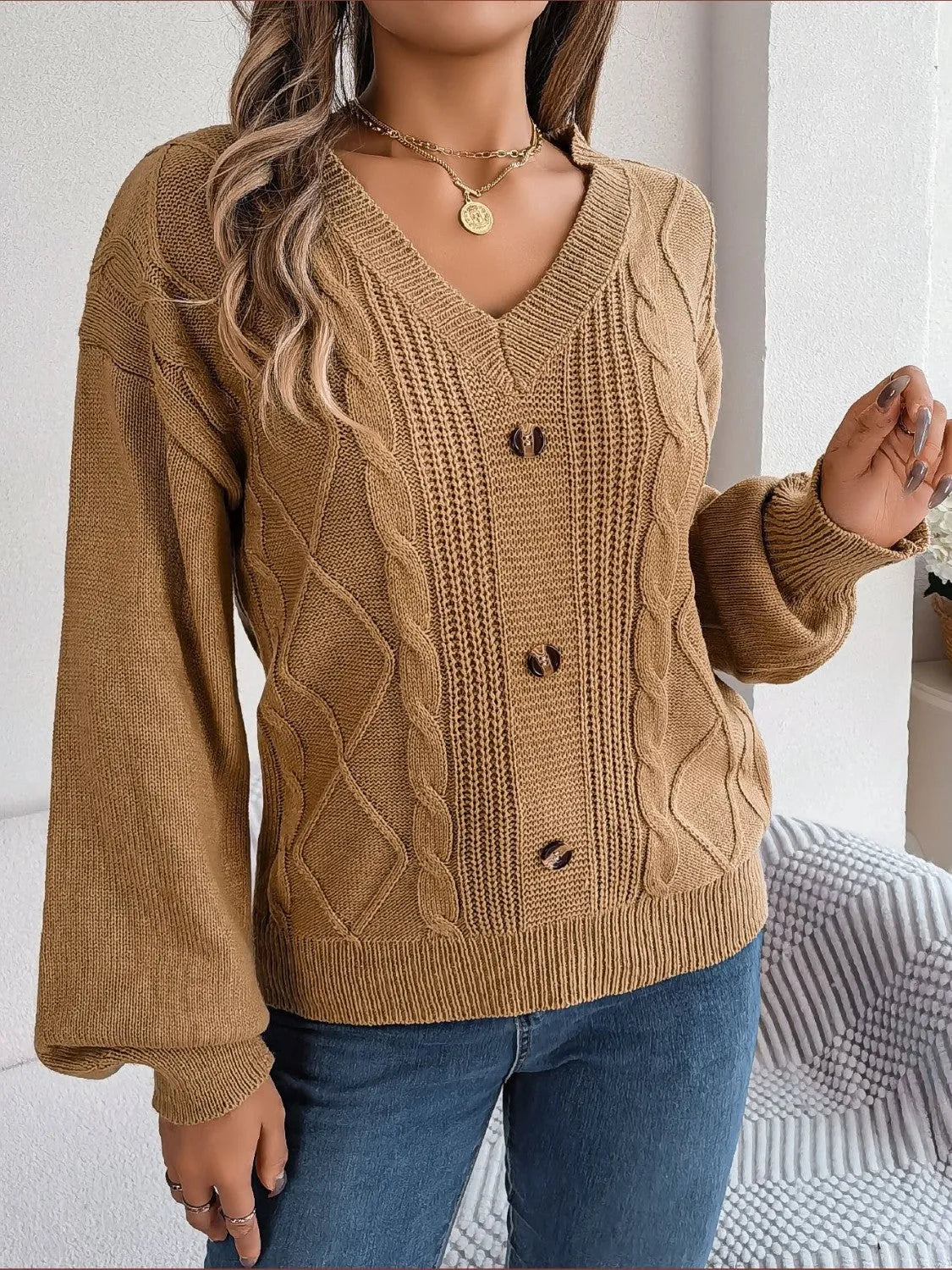 Cable-Knit Buttoned V-Neck Sweater - Wellen Fashion