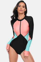 Color Block Half Zip Long Sleeve One-Piece Swimwear - Wellen Fashion