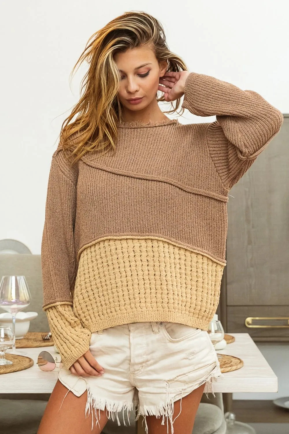 BiBi Texture Detail Contrast Drop Shoulder Sweater - Wellen Fashion