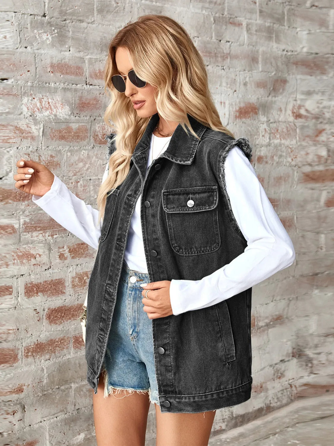 Raw Hem Sleeveless Button Up Denim Jacket - Wellen Fashion