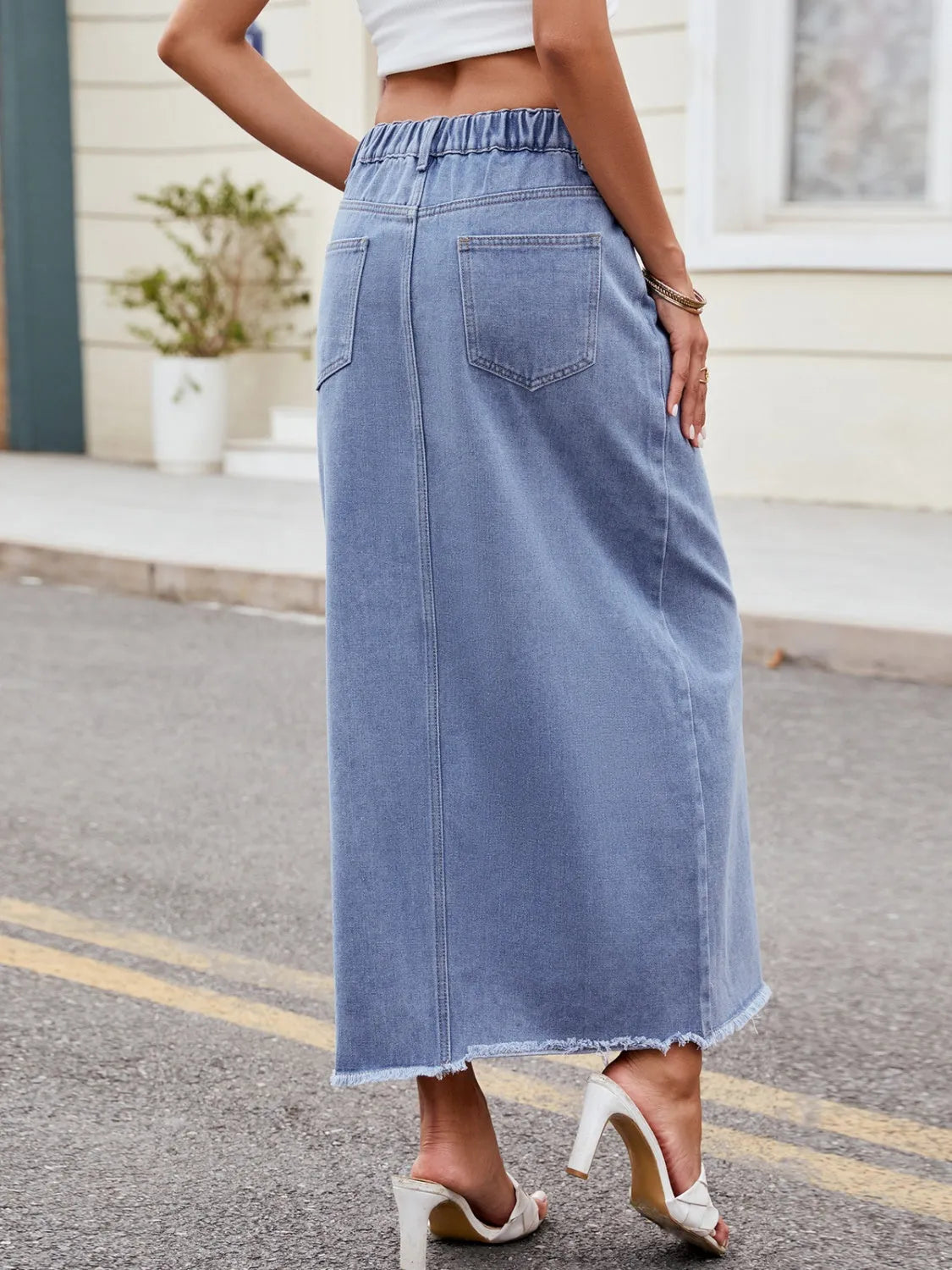 Slit Asymmetrical Waist Denim Skirt - Wellen Fashion