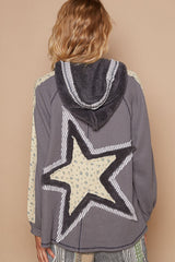 POL Half Zip Up Fleece Mix Back Star Patch Hoodie