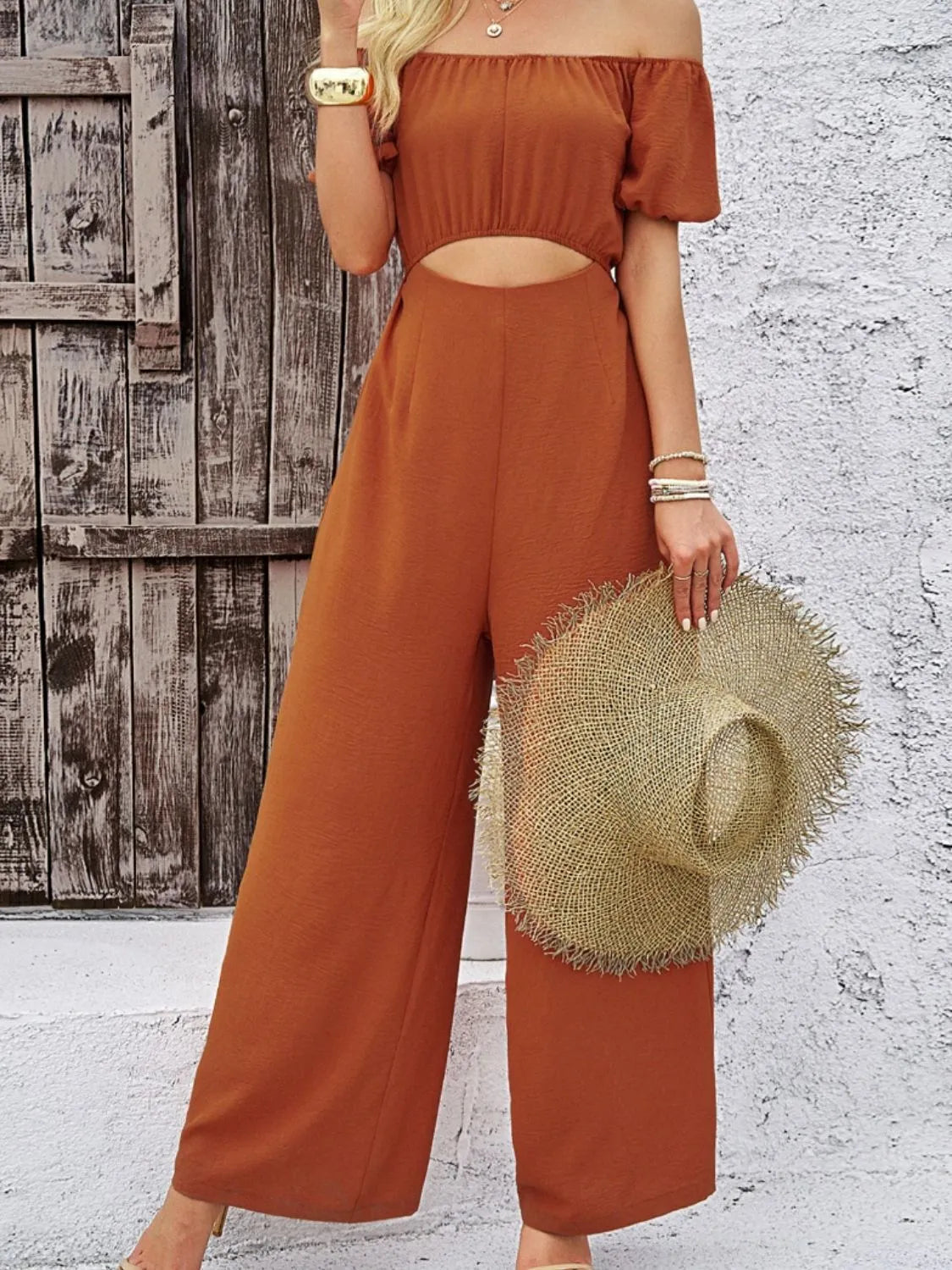 Cutout Off Shoulder Wide Leg Jumpsuit - Wellen Fashion