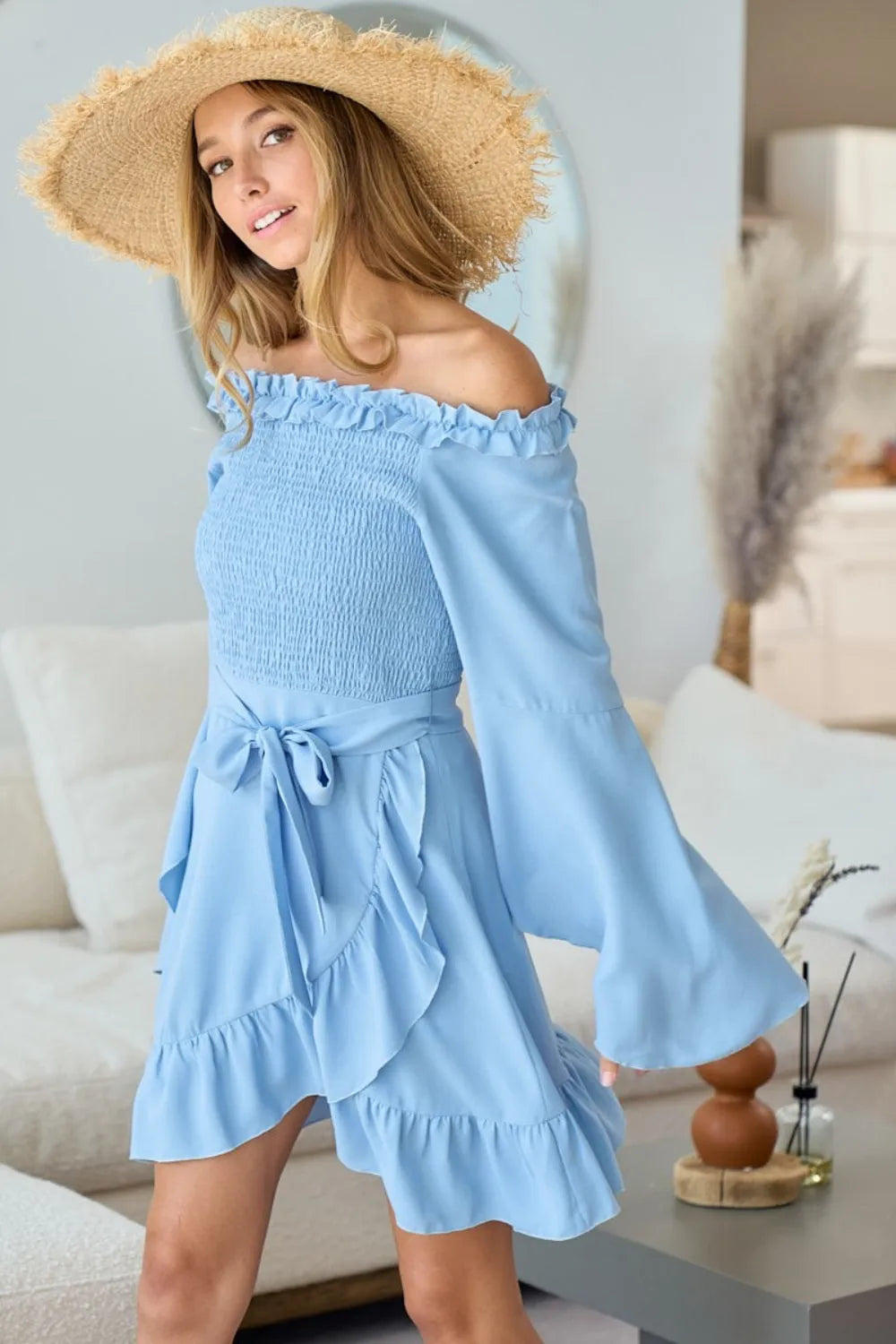 BiBi Smocked Ruffled Front Tie Mini Dress - Wellen Fashion