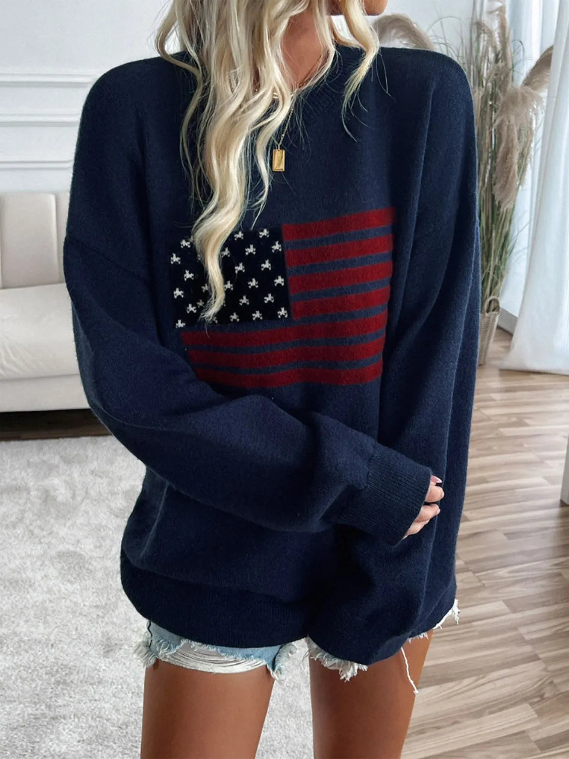 Devine US Flag Round Neck Long Sleeve Knit Top - Wellen Fashion