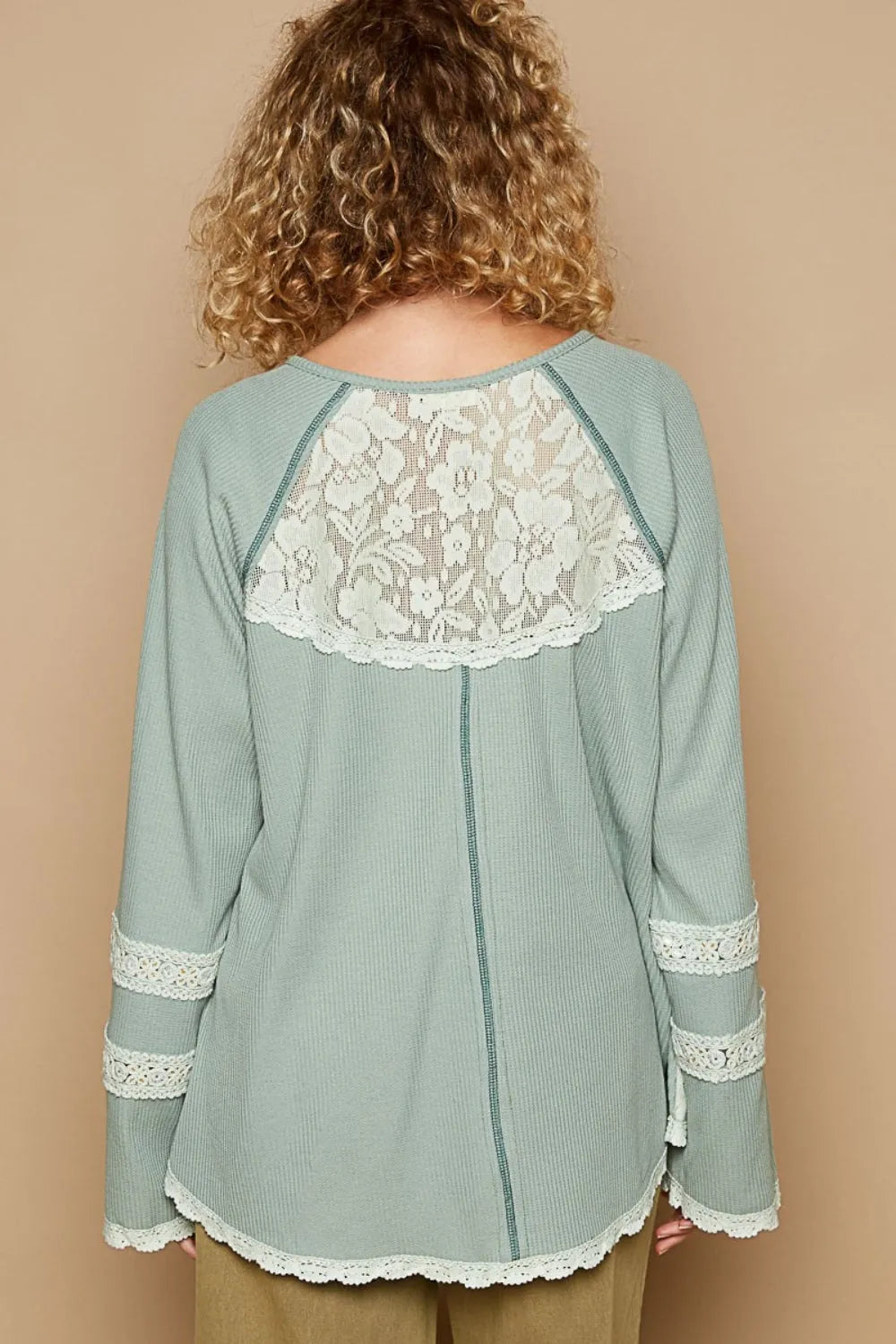 POL Round Neck Long Sleeve Lace Trim Thermal Top - Wellen Fashion