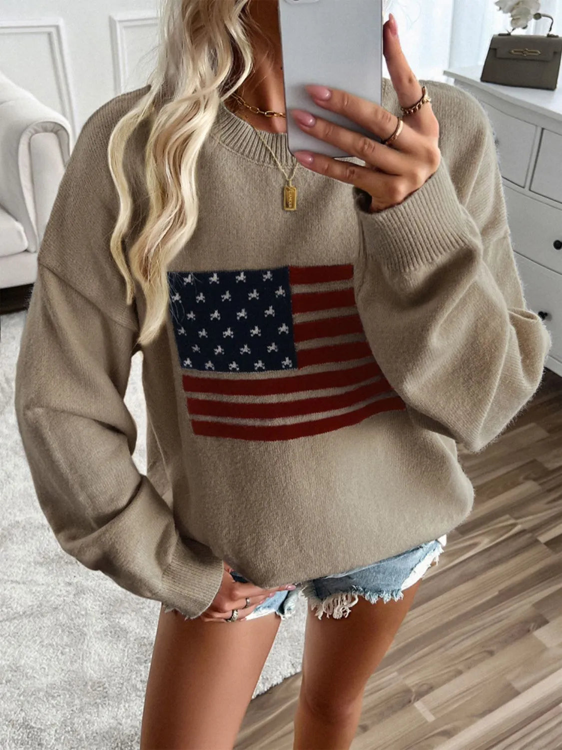 Devine US Flag Round Neck Long Sleeve Knit Top - Wellen Fashion