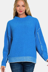 Zenana Exposed Seam Mock Neck Long Sleeve Sweater - Wellen Fashion