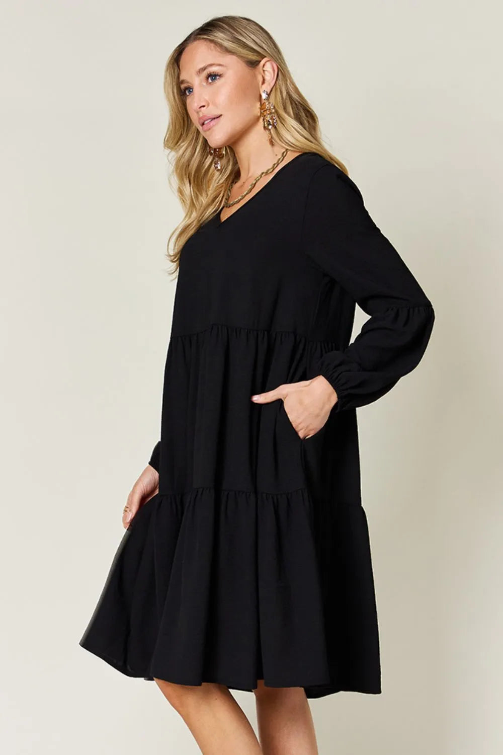 Double Take Full Size V-Neck Balloon Sleeve Tiered Dress with Pockets - Wellen Fashion